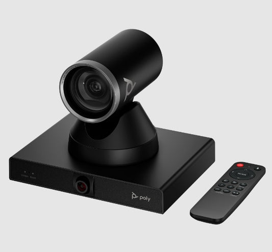 Front view of the Poly Studio E60 camera on its base with the included remote control