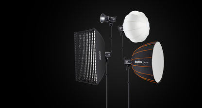 Godox SL60II-series lights on stands with a grid softbox, a lantern softbox and a parabolic softbox