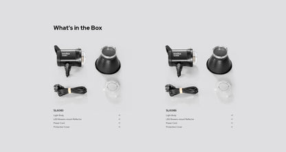Godox What's in the Box chart for the SL60IID and SL60IIBi listing light body, Bowens-mount reflector, power cord and protection cover