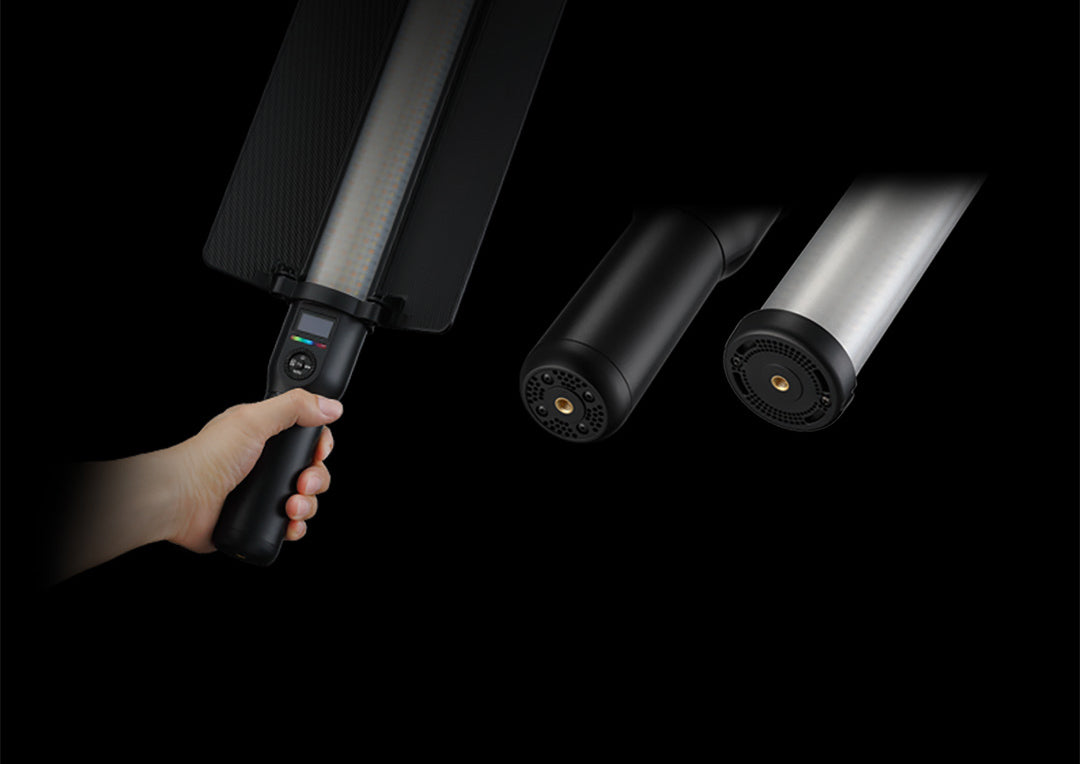 Hand holding a Godox LC500R LED light stick with barndoors, beside close-ups of the handle and end cap