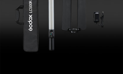 Godox LC500R carry bag, light stick with barndoors and power adapter