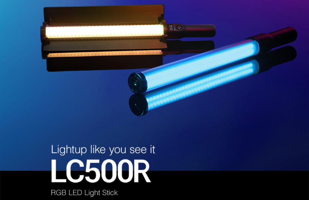 Godox LC500R RGB LED light sticks glowing warm white and blue