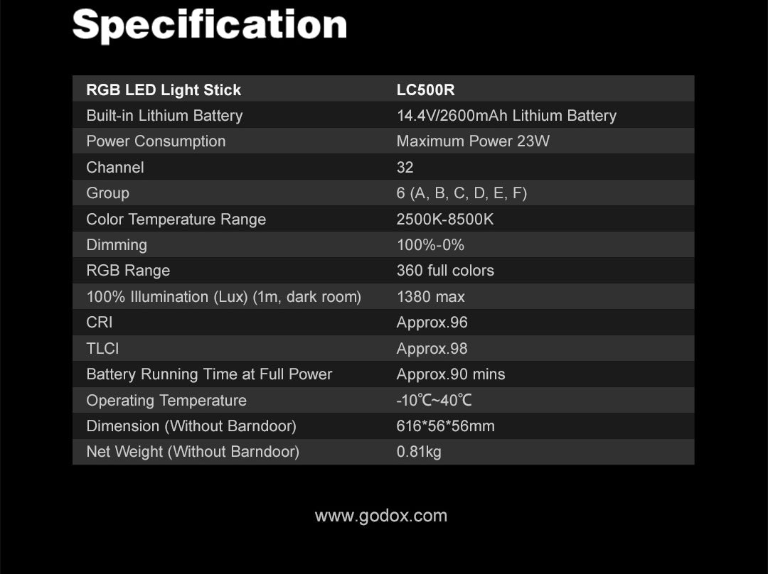 Godox LC500R specification table