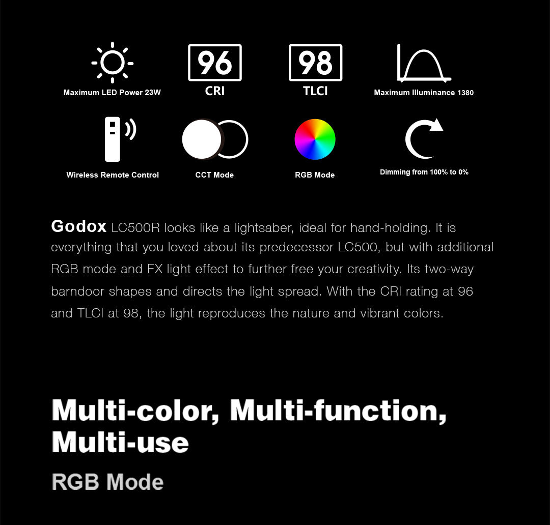 Godox LC500R feature icons showing 23W maximum power, CRI 96, TLCI 98, CCT mode and RGB mode