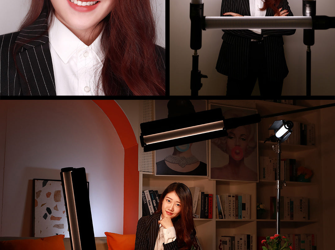 Godox LC500R light sticks mounted on stands in portrait and interview lighting setups