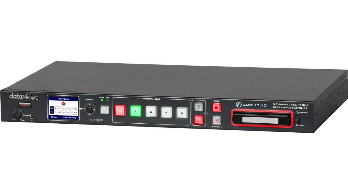 Datavideo iCAST 10NDI 5-channel streaming switcher front view with LCD screen, input buttons and recorder drive slot