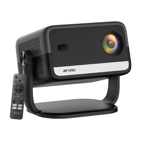 Black ANT Esports View 821 AI projector on its curved tilting stand, with the lens at front and the Bluetooth remote beside it