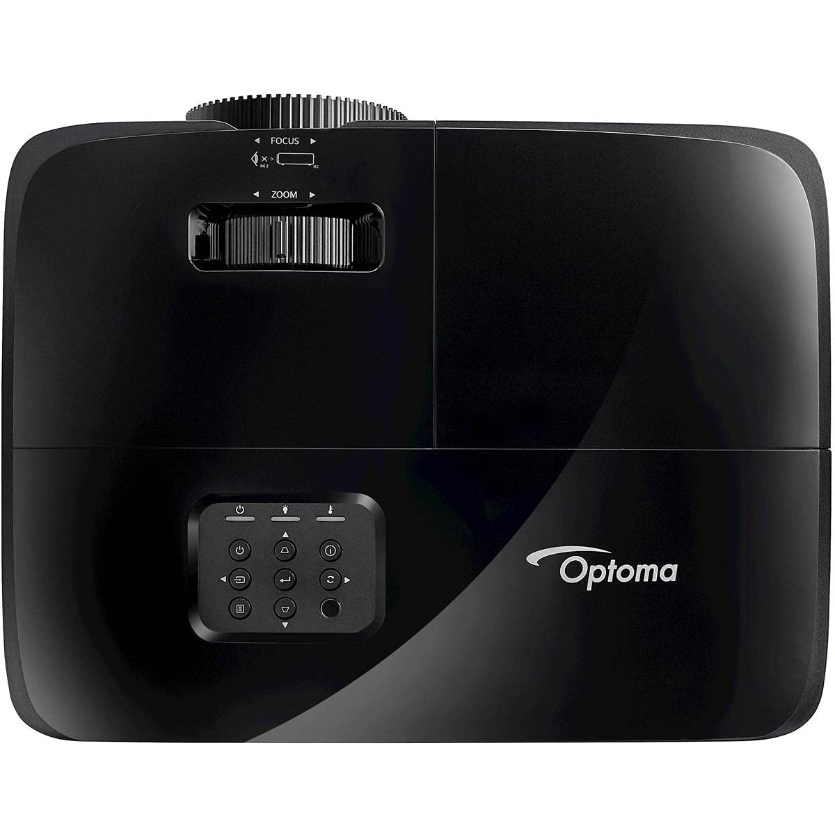 Top view of the Optoma X400LVe projector showing the zoom and focus ring and control keypad