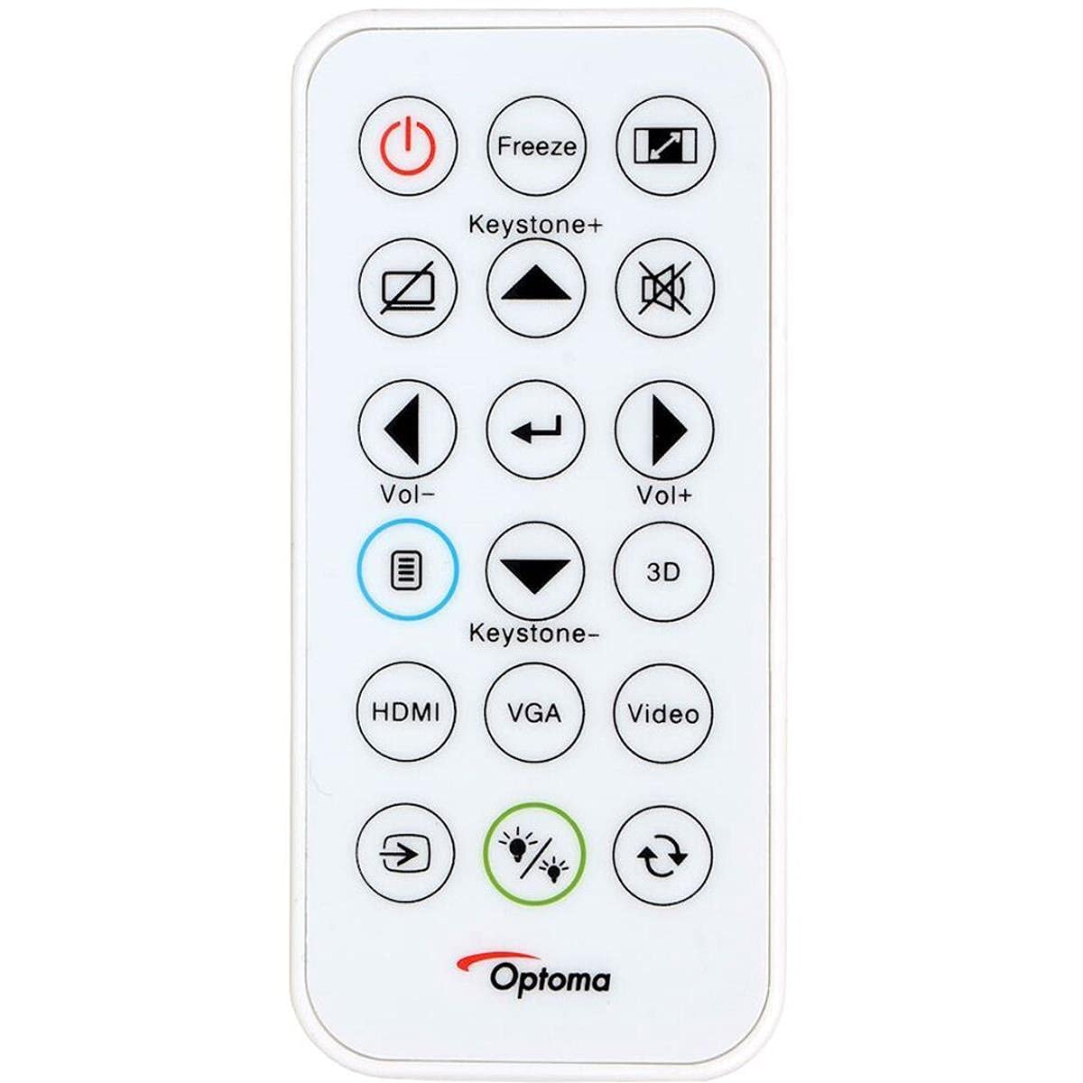 White Optoma remote control with power, keystone, volume, 3D and HDMI, VGA and video source buttons