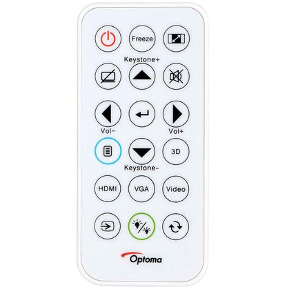 White Optoma remote control with power, keystone, volume, 3D and HDMI, VGA and video source buttons
