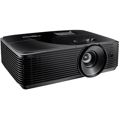Optoma X400LVe projector from the front left, showing the lens, top control panel and Optoma logo