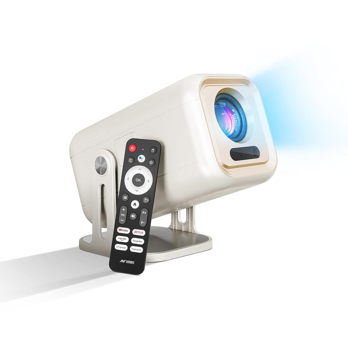 White ANT Esports View 690 AF projector on a swivel stand, projecting a blue beam, with the black Bluetooth remote in front