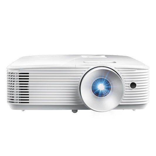 Front view of the white Optoma W405LVe projector with centred lens and side ventilation grille
