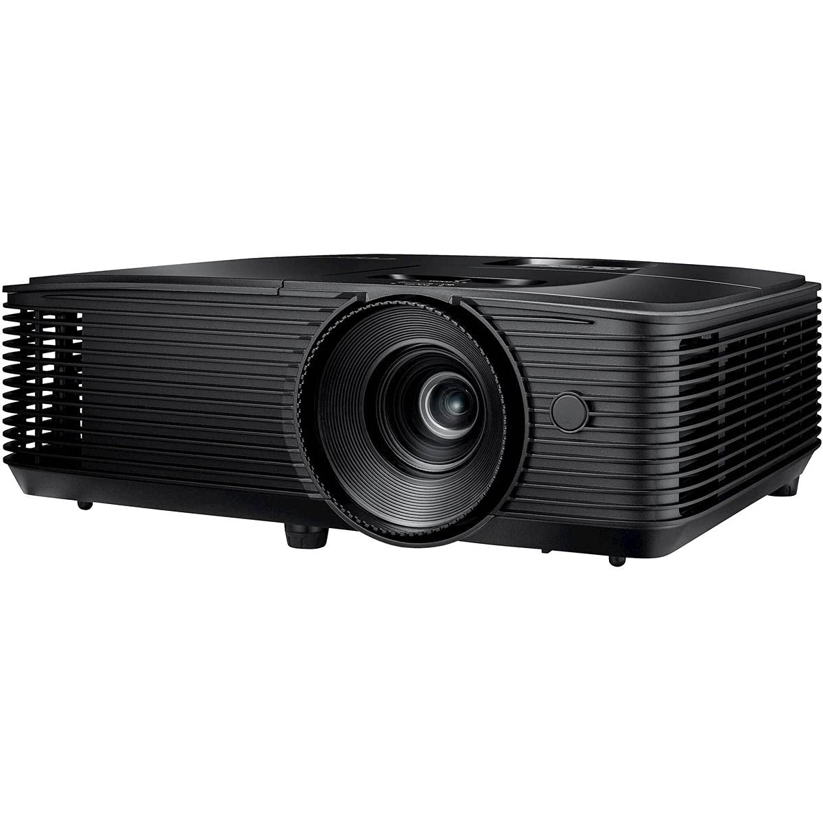 Black Optoma X400LVe projector, angled front view showing the lens and side ventilation grille