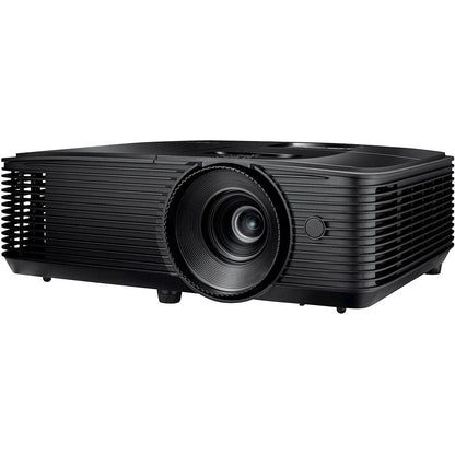 Black Optoma X400LVe projector, angled front view showing the lens and side ventilation grille
