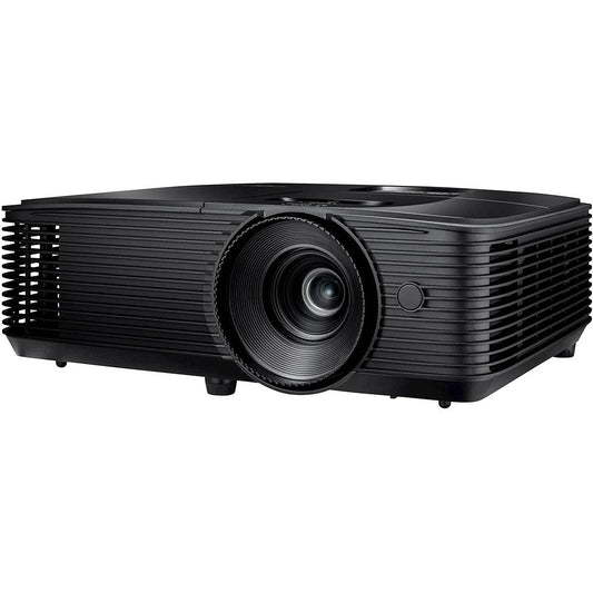 Black Optoma X400LVe projector, angled front view showing the lens and side ventilation grille
