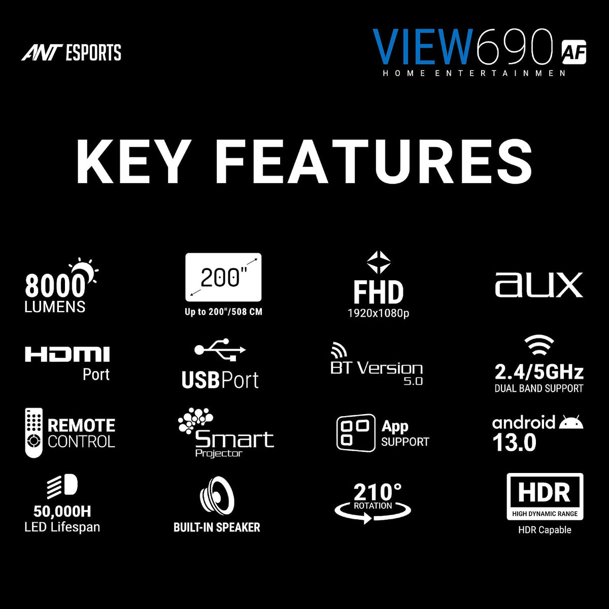 Key features chart for the View 690 AF with icons for 8000 lumens, 200-inch projection, FHD 1920x1080, HDMI, USB, AUX, Bluetooth 5.0, 2.4/5GHz WiFi, Android 13, 50,000-hour lamp life, built-in speaker, 210-degree rotation and HDR