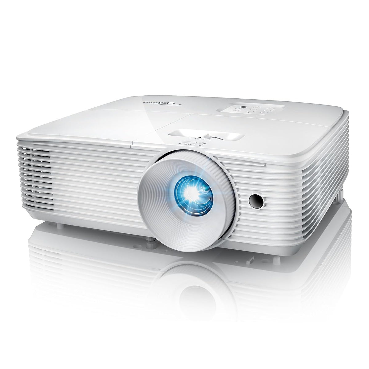 Angled front view of the white Optoma W405LVe projector showing the lens, top controls and infrared sensor