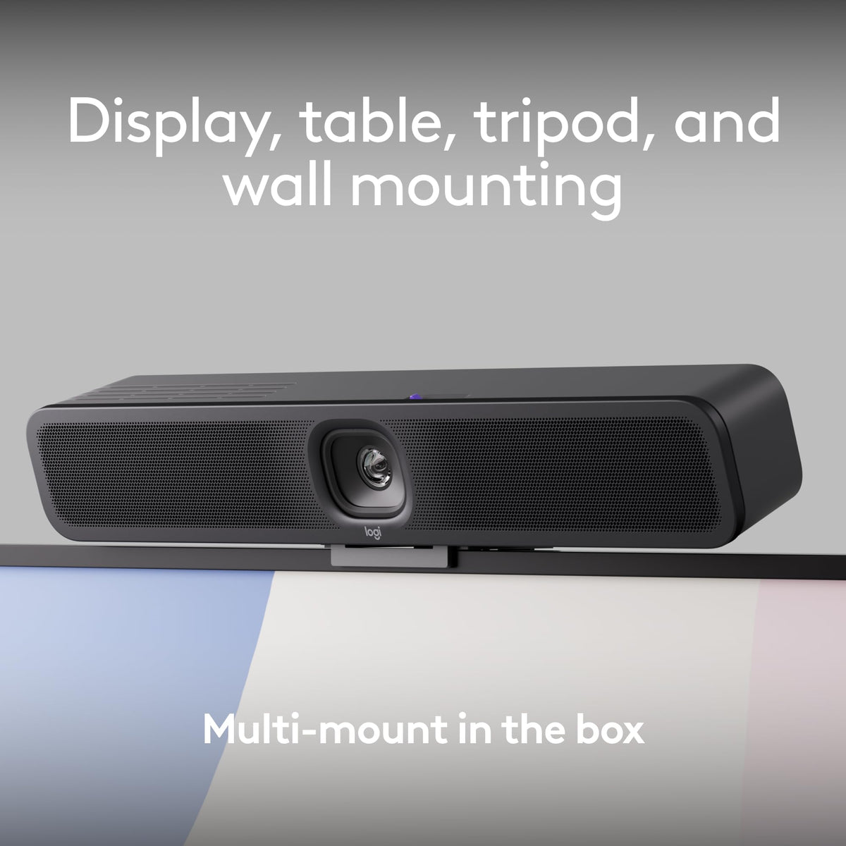 Logitech MeetUp 2 video bar mounted on top of a display using its multi-mount