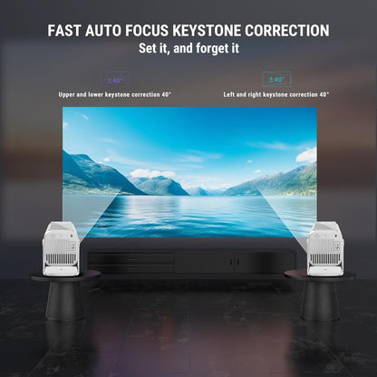 Fast Auto Focus Keystone Correction graphic showing two projectors on side tables aimed at one screen with a lake scene, labelled for upper and lower and for left and right keystone correction