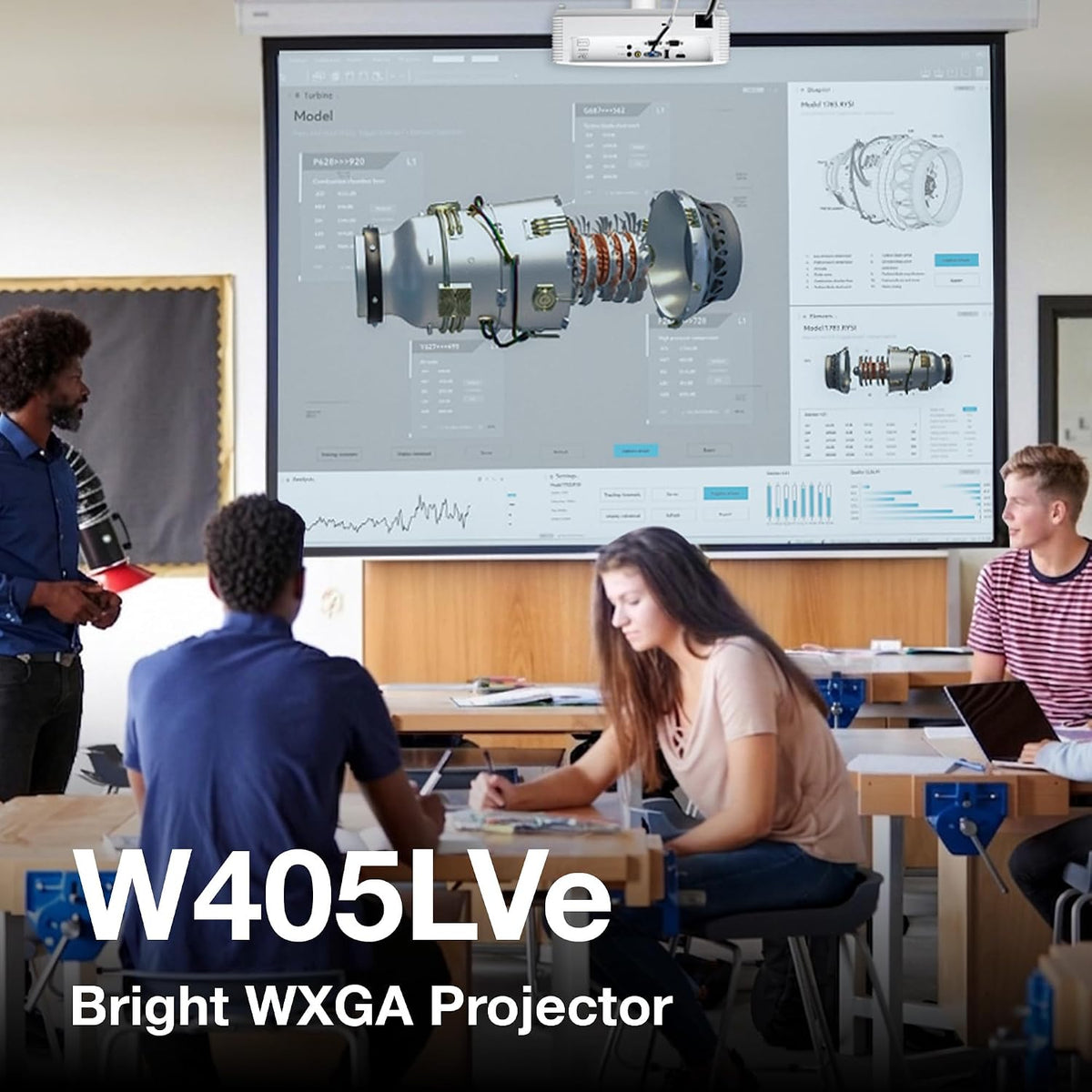 Classroom with students and a teacher looking at a projected 3D engine diagram, captioned W405LVe Bright WXGA Projector