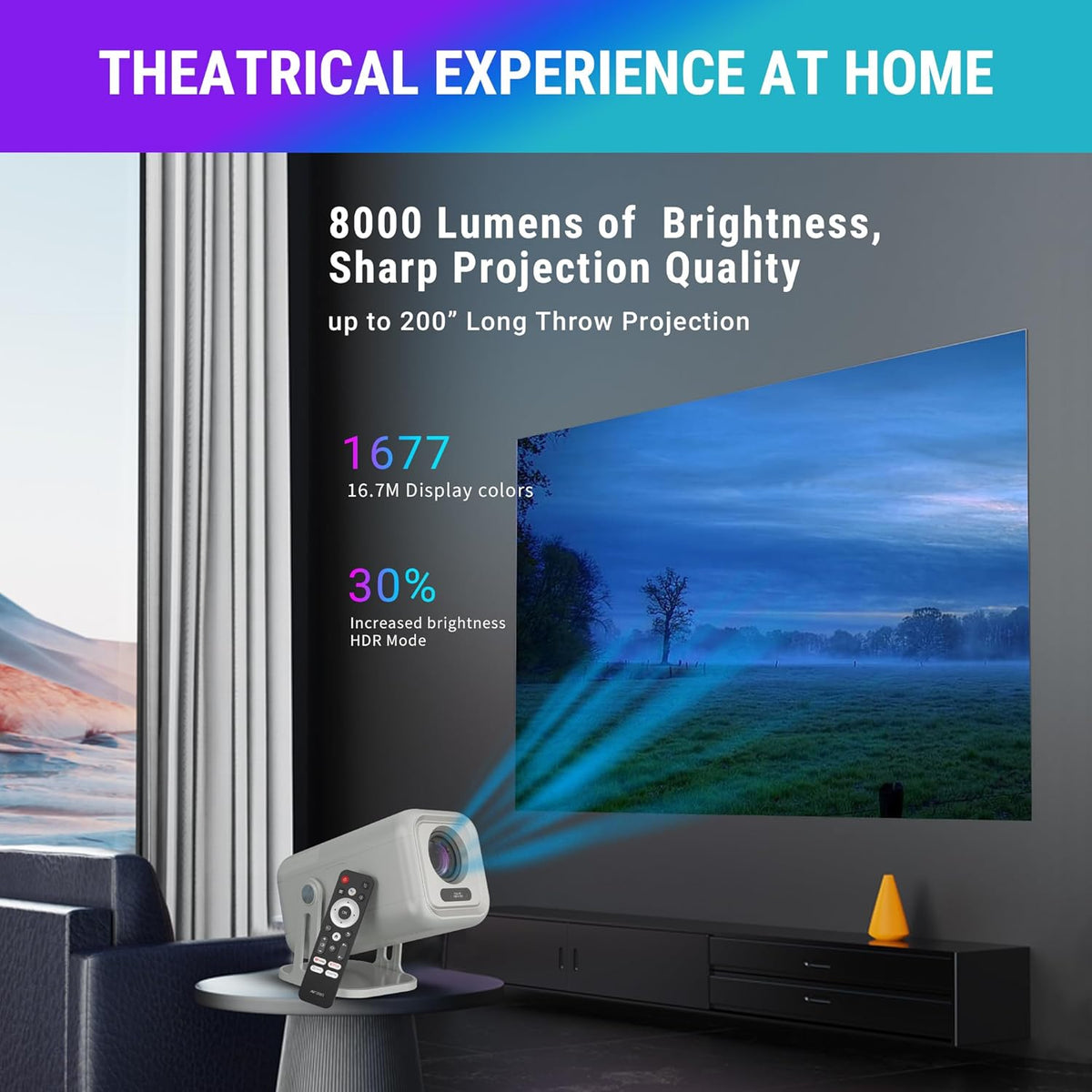 Theatrical Experience at Home graphic showing the projector on a stand projecting a large landscape image onto a living-room wall, with text for 8000 lumens, up to 200 inch projection and HDR mode