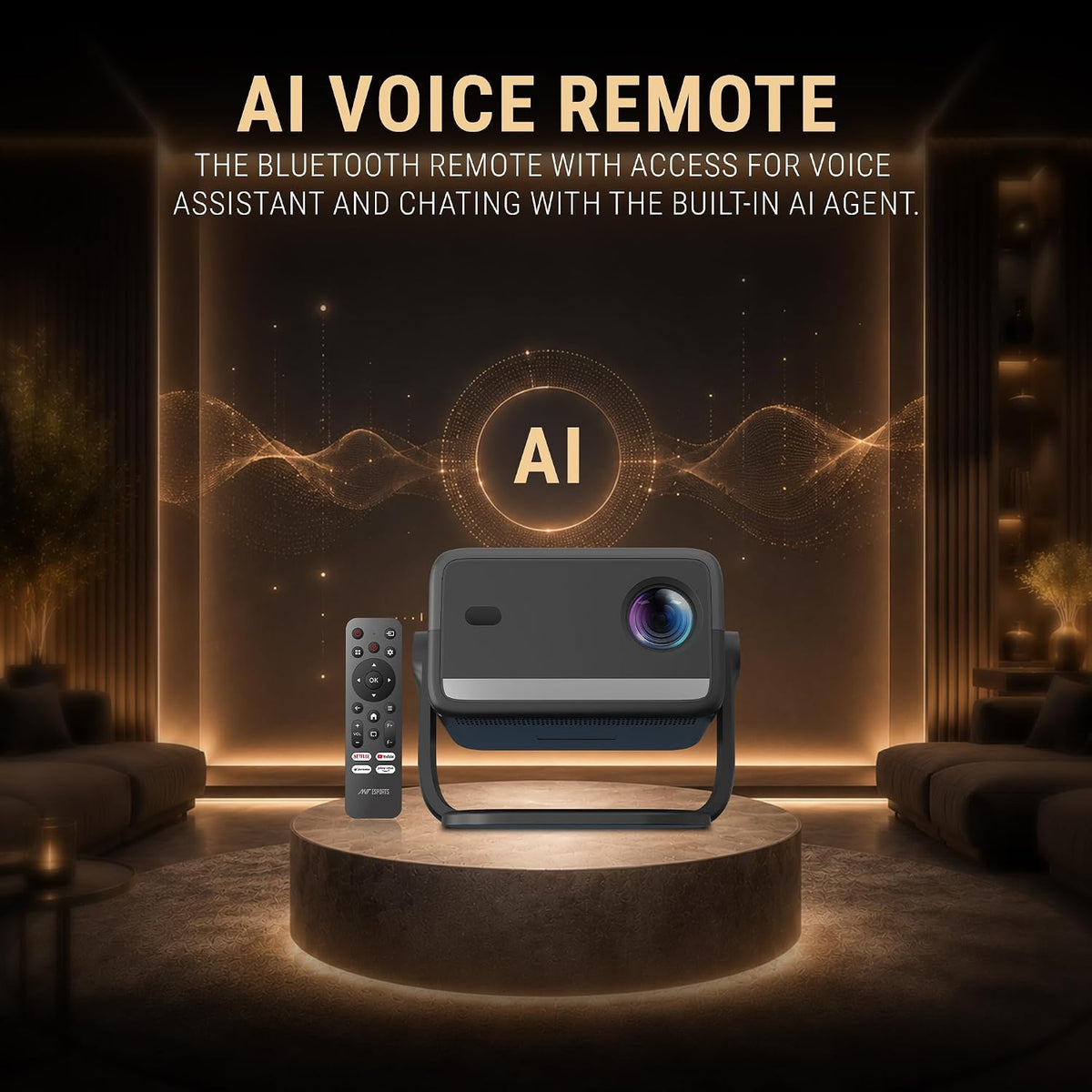ANT Esports projector and its black Bluetooth remote on a lit platform in a dark lounge, under the heading AI Voice Remote