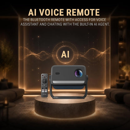 ANT Esports projector and its black Bluetooth remote on a lit platform in a dark lounge, under the heading AI Voice Remote