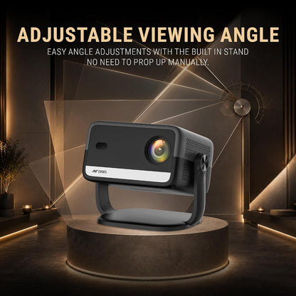 ANT Esports projector tilted upward on its built-in stand, shown on a round platform with light beams behind it, under the heading Adjustable Viewing Angle