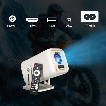 White projector and remote projecting a blue beam, with icons above labelled power, HDMI, USB, AUX and power for the connection ports