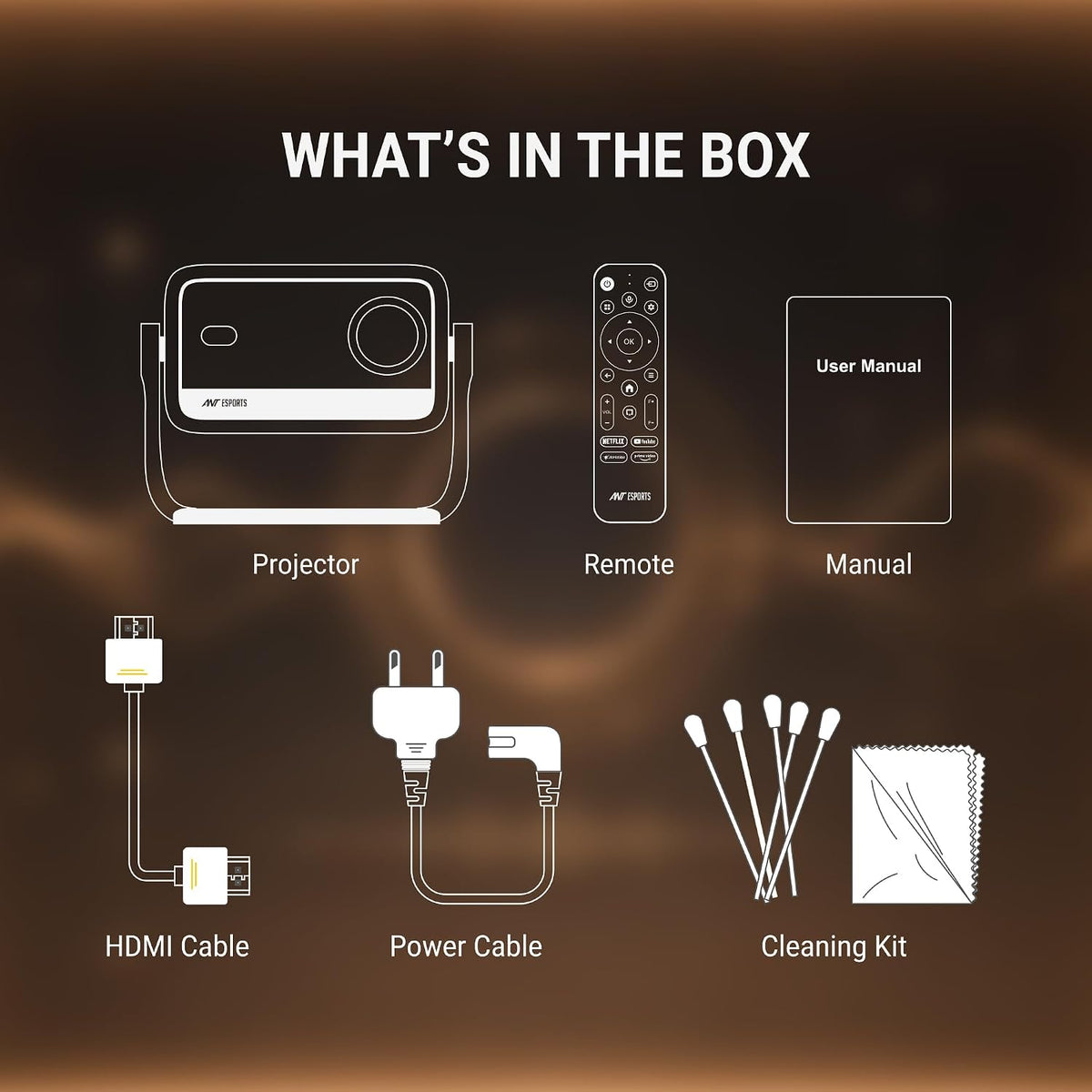 What's in the box line illustrations: projector, remote, user manual, HDMI cable, power cable and cleaning kit with swabs and cloth