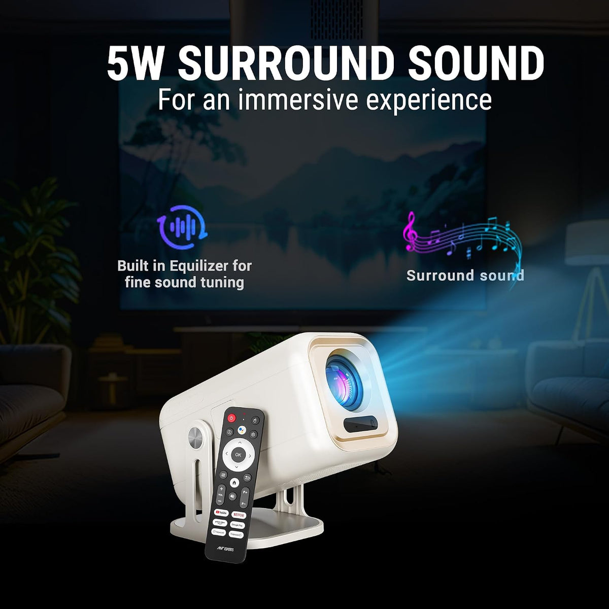 5W Surround Sound graphic showing the projector and remote in a dark living room with icons for a built-in equalizer and surround sound