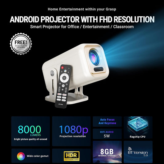 Black promotional graphic headed Android Projector with FHD Resolution, showing the white projector and remote with tiles for 8000 lumens, 1080p, auto focus and keystone, 5W audio, 8GB storage and Bluetooth 5.0