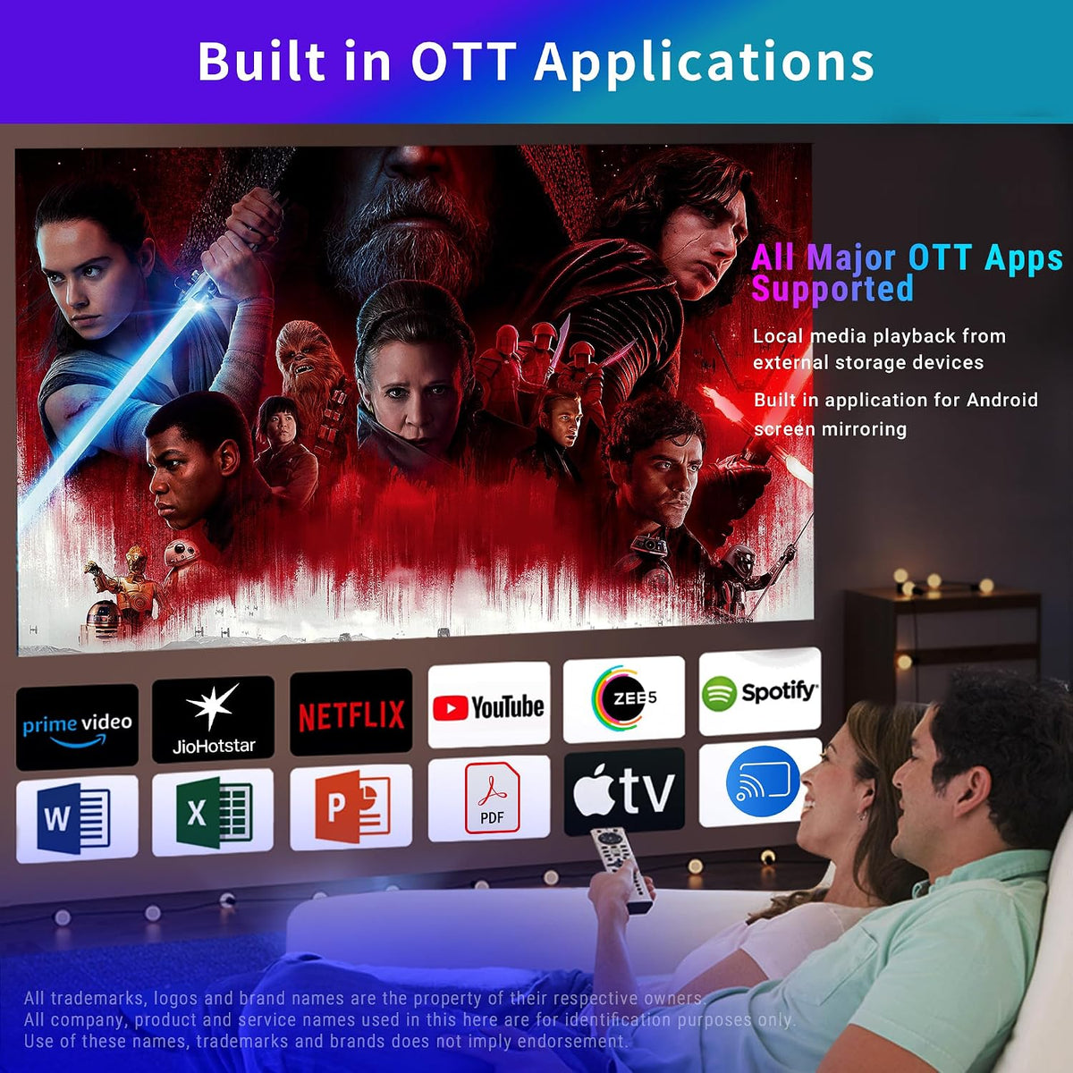 Built in OTT Applications graphic with a movie scene on screen above app logos including Prime Video, JioHotstar, Netflix, YouTube, Zee5, Spotify and Apple TV, with a couple watching below