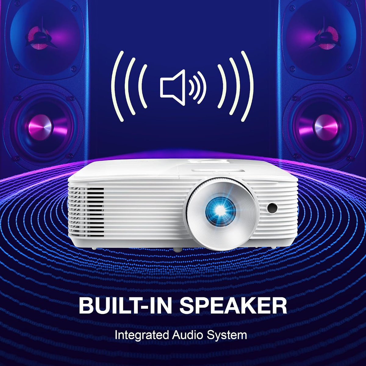 White Optoma projector in front of speaker graphics with the text Built-in Speaker, Integrated Audio System