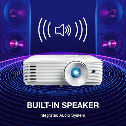White Optoma projector in front of speaker graphics with the text Built-in Speaker, Integrated Audio System