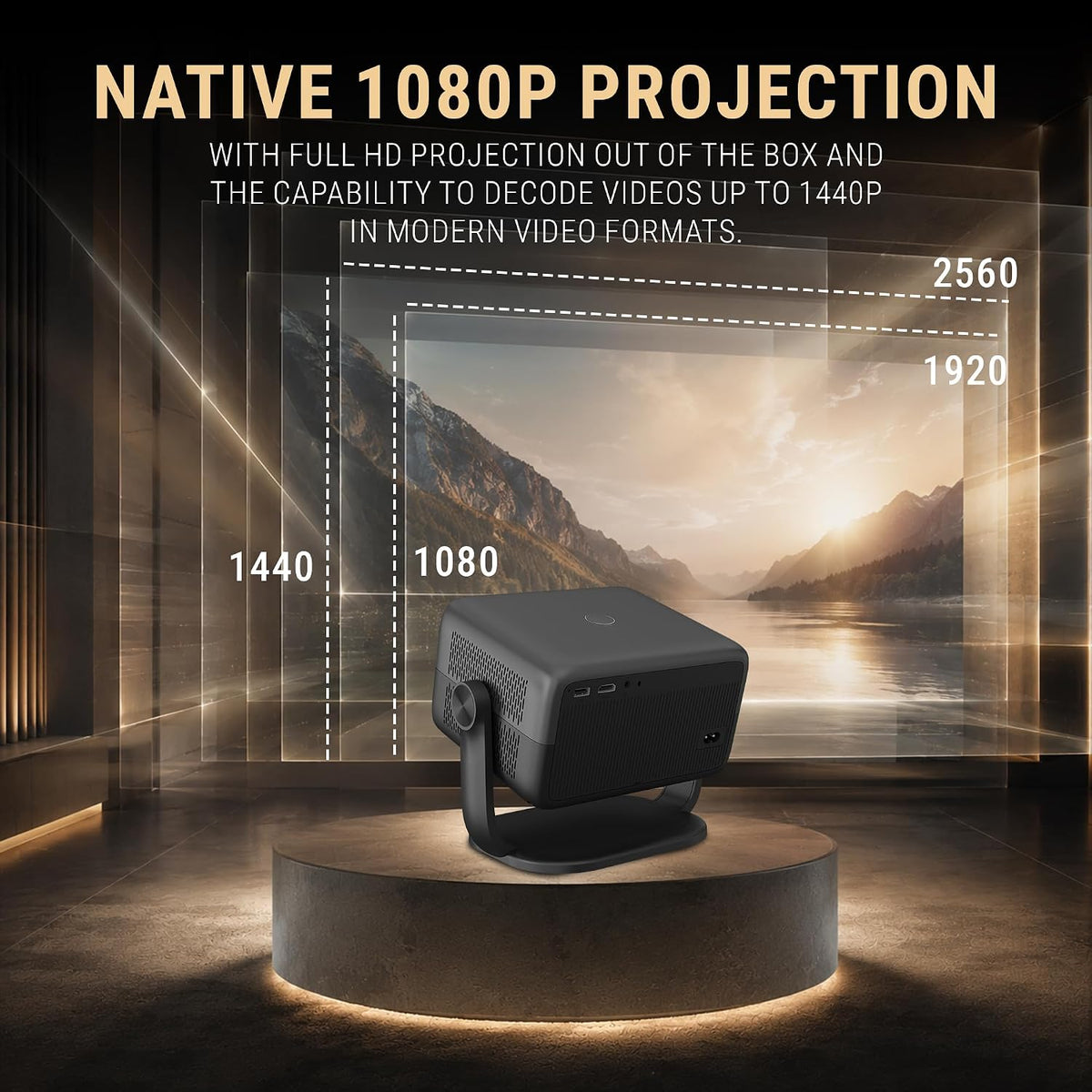 Projector rear panel with ports and power socket in front of a projected mountain landscape, with outlines labelled 1080, 1440, 1920 and 2560 under the heading Native 1080P Projection