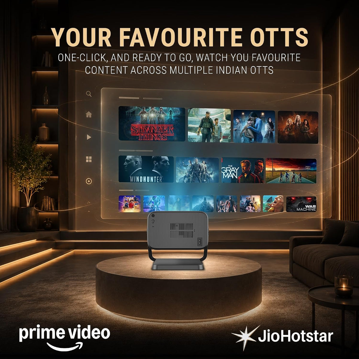 Rear of the projector on a platform in a dark lounge with a projected streaming menu of show thumbnails above it, with Prime Video and JioHotstar logos