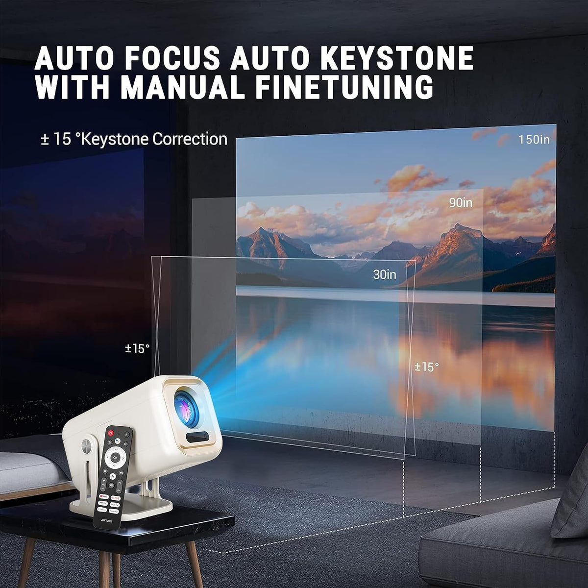 Diagram headed Auto Focus Auto Keystone with Manual Finetuning, showing the projector on a table throwing 30, 90 and 150 inch images of a mountain lake with plus or minus 15 degree keystone correction marks