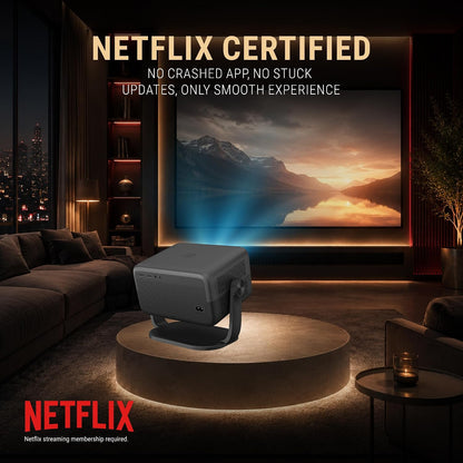 ANT Esports projector seen from the rear on a round platform in a dark living room, projecting a mountain lake sunset onto the wall, with Netflix certified text and logo