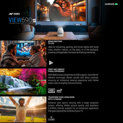 View 690 AF lifestyle collage with a projected scene in a living room and three panels of a couple watching a movie, a colourful waterfall landscape and a sports stadium scene