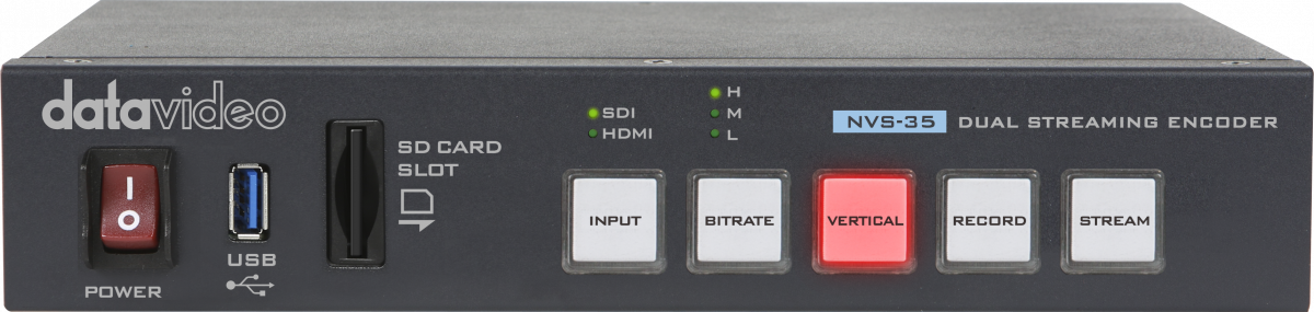 Datavideo NVS-35 H.264 dual streaming encoder front panel with SD card slot, USB port and control buttons