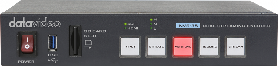 Datavideo NVS-35 H.264 dual streaming encoder front panel with SD card slot, USB port and control buttons