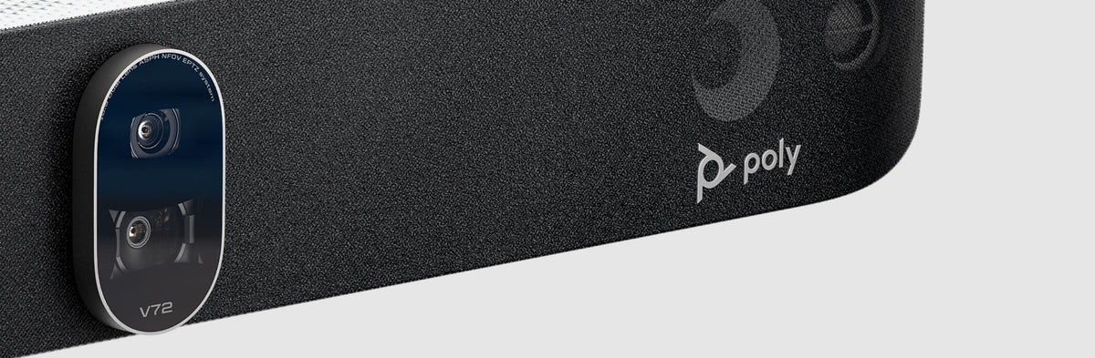 Close-up of the dual cameras on the Poly Studio V72 USB video bar