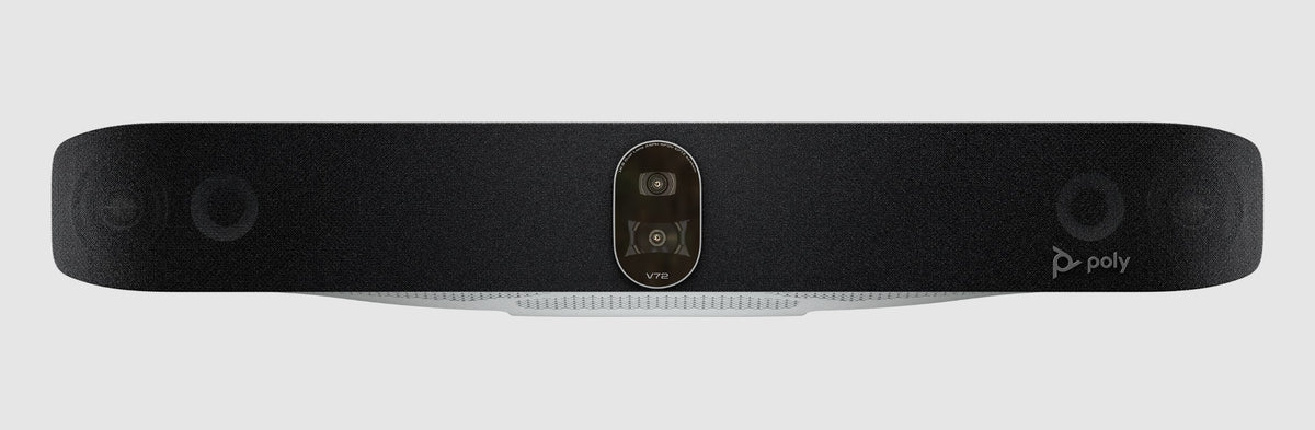 Front view of the Poly Studio V72 premium USB video bar with dual cameras and speakers