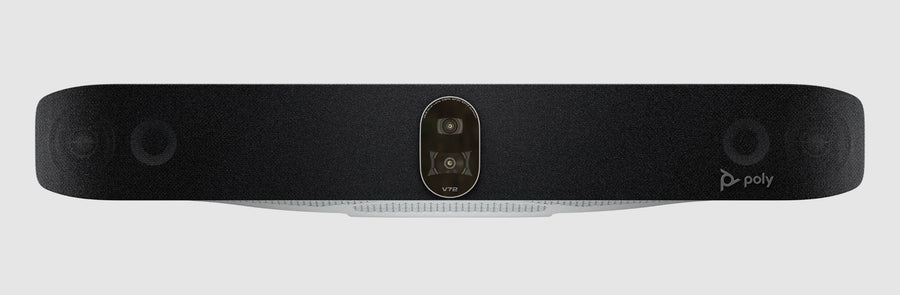 Front view of the Poly Studio V72 premium USB video bar with dual cameras and speakers