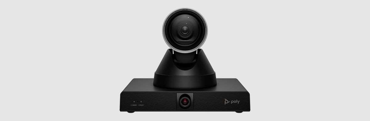 Front view of the Poly Studio E60 camera centred on its base against a light background