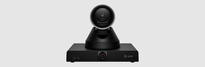 Front view of the Poly Studio E60 camera centred on its base against a light background
