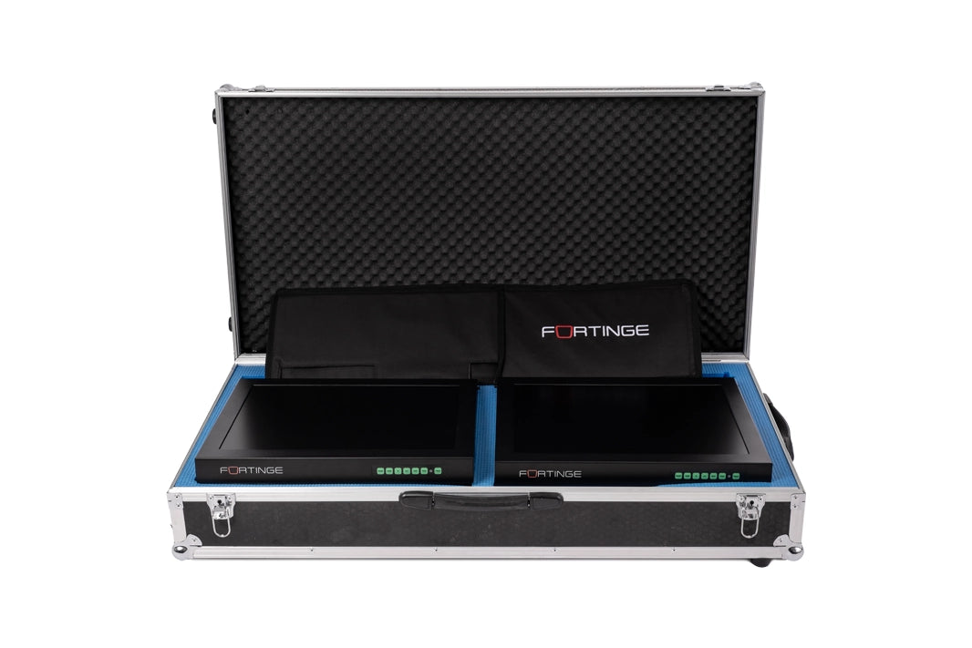 Fortinge PROC dual teleprompter monitors in optional metal hard case