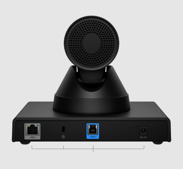 Rear view of the Poly Studio E60 camera showing its Ethernet, USB-B and power ports